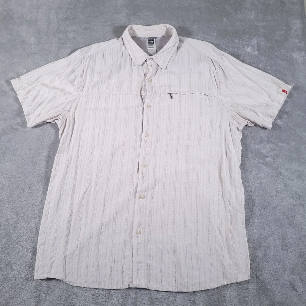 The North Face Shirt Mens XXL Beige Striped Button Up Short Sleeve Hiking Travel